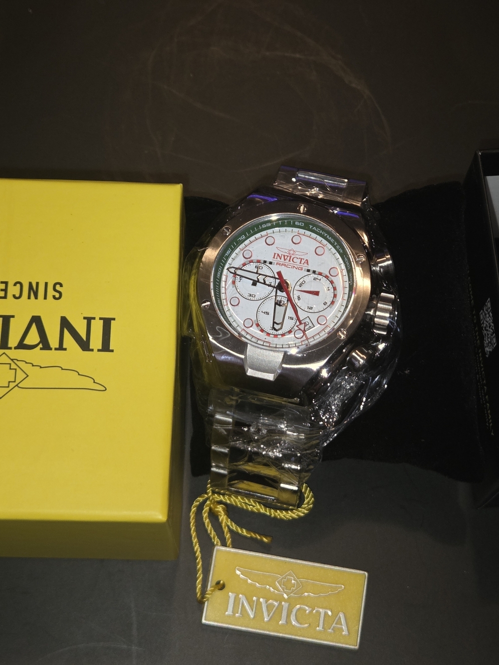 Invicta Men’s Silver-Tone Chronograph Watch with White Dial and Red Accents